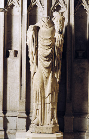 This statue of St Cuthbert missing its head, is an indication of the impact of the religious zealots of the reformation, who abhored the veneration of saints. 